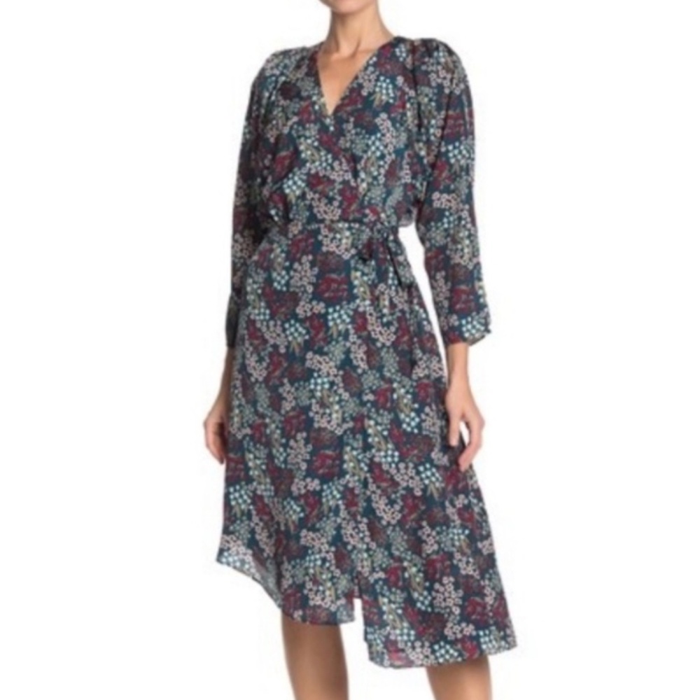 Joie Acantha Floral Midi Wrap Dress with Asymmetrical Hem, Size XS